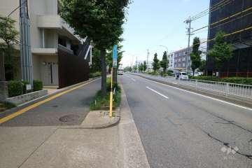 敷地北東側の前面道路。二車線のバス通りです。
