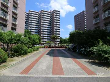 A棟とB棟の間の共有スペース。敷地内の各所に植栽がスペースがあります。