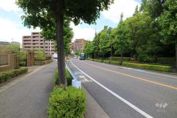 敷地東側の前面道路。2車線のバス通りです。（南側から）