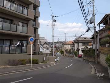 敷地南側の前面道路。道を挟んで南側には一戸建てが立ち並んでいます。