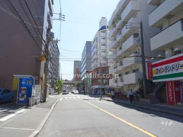 敷地北側の前面道路（西側から）。前方には新御堂筋の高架が見えます。