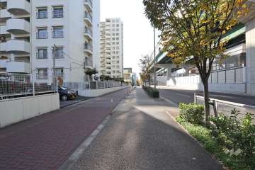 敷地西側には、片側三車線の幹線道路が通っています。（江川線）