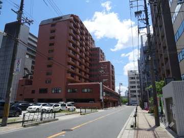 敷地南側の前面道路。二車線の通称「フラワーロード」です。