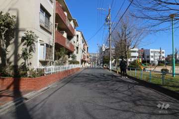 敷地南東側の前面道路。道を挟んで向かい側は『花表公園』です。