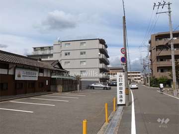 敷地東側の前面道路。周辺はマンションと一戸建てが混在する静かな住宅地です。