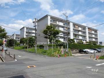 府公社千里竹見台団地の全景。手前から2番目がA-3棟です。