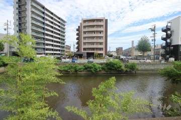 敷地西側を新堀川が流れています。（カルティア金山StationEastの遠景）