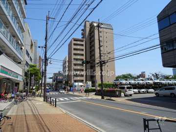 敷地北側の前面道路。新御堂筋へと続く、二車線の道路で、通称「フラワーロード」です。