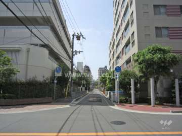 敷地東側の前面道路。道路を挟んで豊津第一小学校があります。