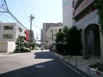 東側前面道路（周辺は住宅の他、店舗や事務所などもあります）