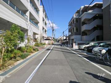 敷地北側の前面道路(西側から)。西側からの一方通行です。