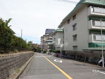 敷地北側の前面道路。周辺はマンションが多く立ち並ぶ静かな住宅地です。