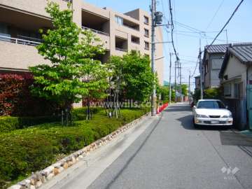敷地西側の前面道路。道と建物の間には植栽スペースが設けられています。