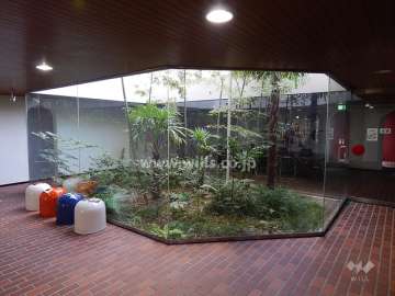 ガラス越しに坪庭が見えるエントランスホール