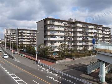 立花グリーンハイツの全景。敷地の西側は五合橋線に面しています。