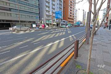敷地西側の前面道路は三田通りです(南側から)。