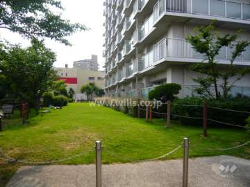 公開空地。敷地南部分の公園と建物の間には、芝生スペースがあります。