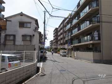 敷地南側の前面道路。周辺はマンションが中心に立ち並ぶ静かな住宅地。