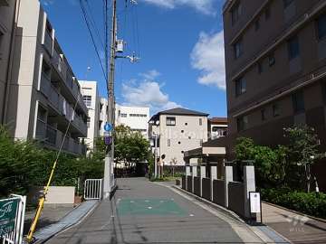 敷地西側の前面道路。すぐ北西側には立花南小学校があります。