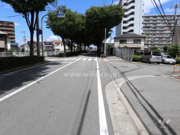 敷地南東側の前面道路。二車線のバス通りです。