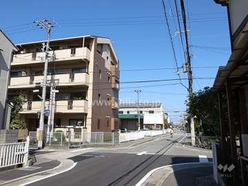 敷地西側の前面道路。周辺は区画の整った静かな住宅地です。