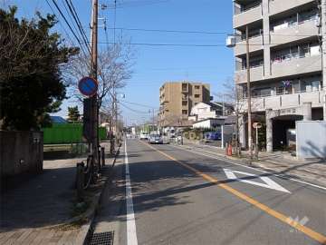 敷地南側の道路。二車線のバス通りです。