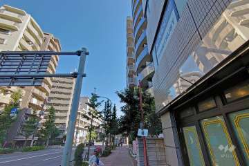 敷地北側前面道路は中原街道です（西側から）。