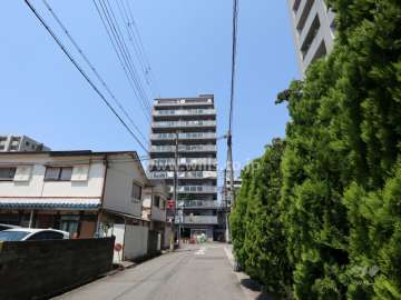 パルメーラ立花南の遠景。周辺はマンションや一戸建、ビルや店舗などが立ち並ぶ駅前の街です。