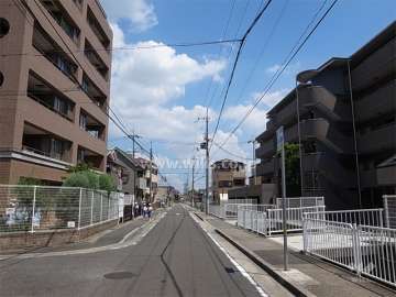 敷地南側の前面道路。周辺は区画の整った静かな住宅地です。