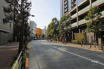 敷地北側の前面道路は、街路樹が並ぶ百反通り。向かい側には地区庁舎があります。