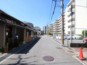 敷地西側の前面道路。幹線道路から少し入った場所にあり、静かです。