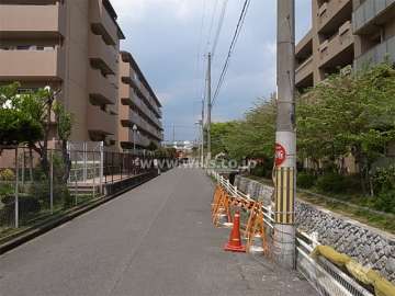 敷地東側の前面道路。水路が流れています。