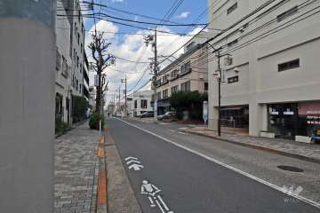 敷地西側の前面道路（南側から）は柿の木坂通りです。マンション前にバス停があります。