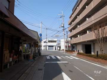 敷地西側の前面道路。二車線のバス通りです。