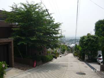 敷地西側の前面道路。高台にあり、駅までの道のりは急勾配の坂道です。