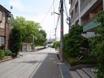 敷地東側の前面道路。斜め向かい側に公園があります。
