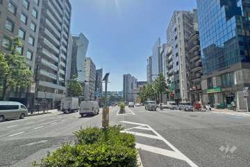 敷地南側の前面道路は新宿通りです（東側から）。