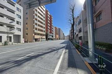敷地の西側前面道路は外苑西通りです（北側から）。