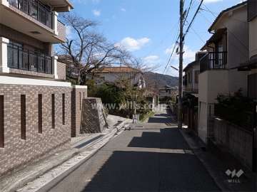 敷地南側の前面道路。周辺は一戸建てが中心に立ち並ぶ高台の閑静な住宅地です。
