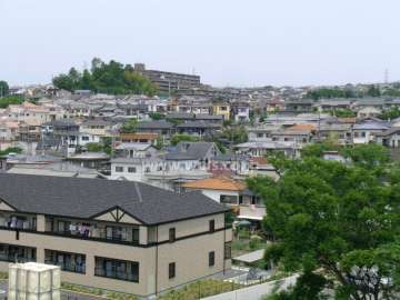 サニーフラット川西緑台の遠景。小高い丘の上に立地しています。