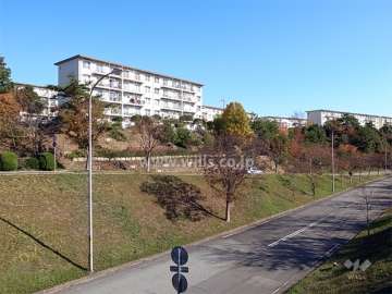 公社清和台住宅の遠景。周囲を緑に囲まれた住環境。