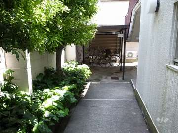 植栽スペースの緑がきれいなエントランスアプローチと駐輪場