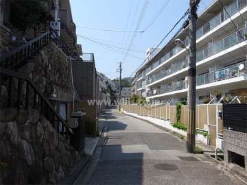 敷地南側の前面道路。南側には一戸建てが立ち並んでいます。