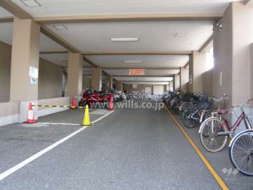 屋内にある駐輪場とバイク置場と来客用駐車場
