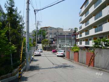 敷地南側の前面道路。幅が広く、ゆったりとしています。