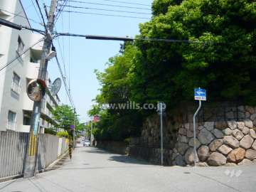 敷地東側の前面道路。周辺は緑豊かで、閑静な住宅地です。