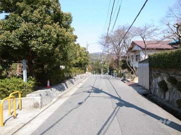 敷地南側の前面道路。周辺は第一種低層住居専用地域に指定された緑豊かな住宅地。