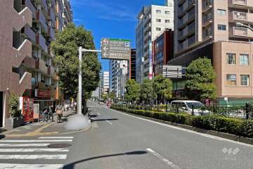 敷地の東側前面道路は区役所本通りです（南東から）。