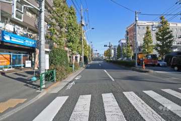 敷地南側の前面道路は環八通りです（西側から）。