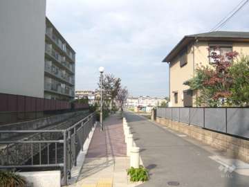 敷地西側には水路を挟んで、歩道があります。